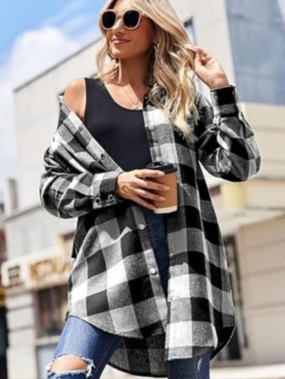 ZEAGOO ELONGATED BLACK WHITE LONG SLEEVE SNAP FRONT FLANNEL SHIRT NWT LARGE